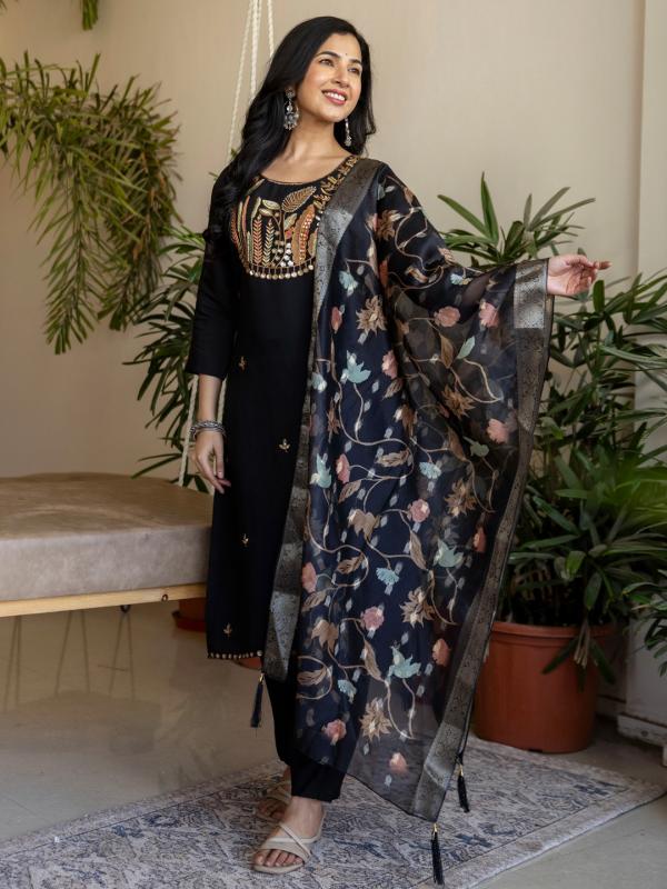 VP 9901 B Women’s Roman Silk Straight Kurta Pent Dupatta Sets with Embroidery Work | 3pcs Ethnic Set
